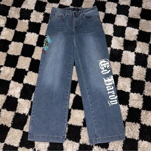 Ed Hardy Jeans Women's Size 30 Blue Wide Leg Embroidered Tattoo Print WEHD8300-3